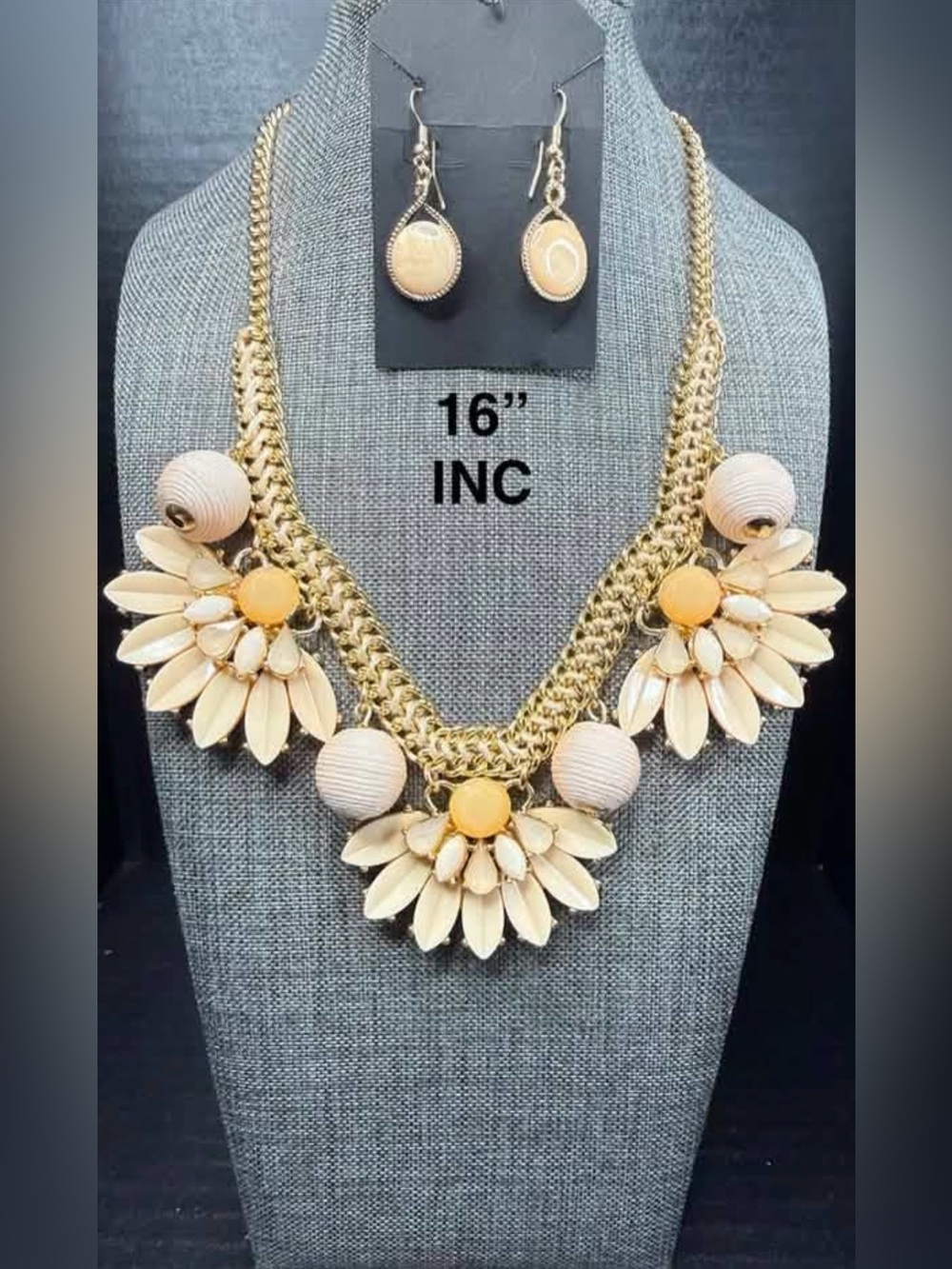 Gold-Tone Cream Floral Statement Necklace and Earring Set